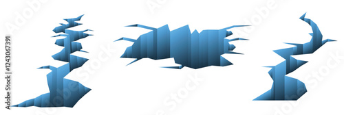 Set illustration of abstract crack shapes in gradient blue hues. The design showcases jagged and fragmented patterns on a clean white background, ideal for creative projects and modern graphics