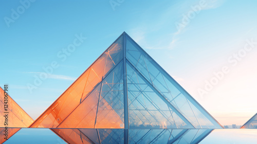 Abstract background with blue and orange triangles and a glass pyramid, ideal for technology presentations.

