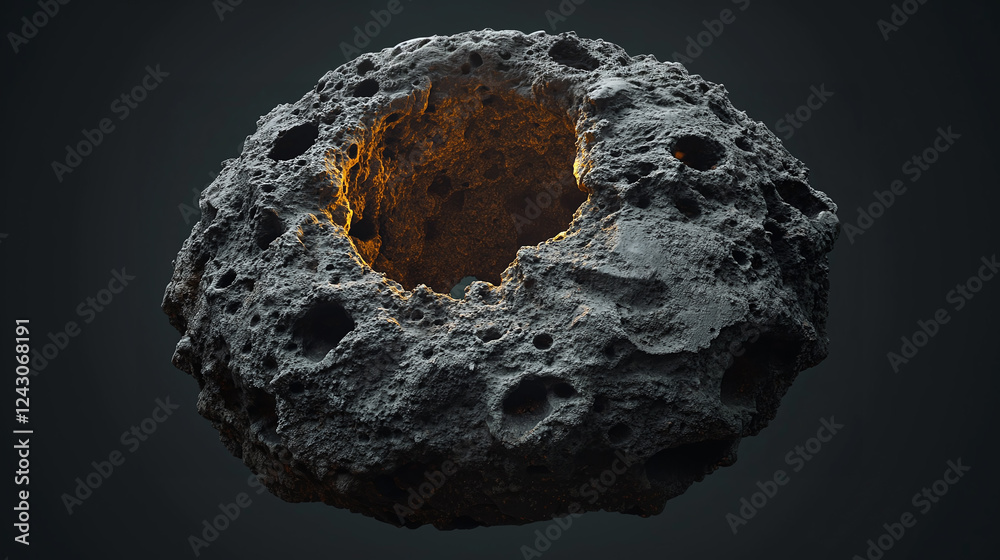 Hyper-realistic volcanic sphere with detailed texture and light effects showcasing geological features in a dark environment Hyper-realistic volcanic sphere with detailed texture and light effects showcasing geological features in a dark environment