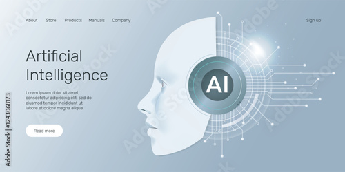 Web banner AI humanoid head side view, AI digital brain, machine learning, neural network, Artificial Intelligence (AI) landing page concept.