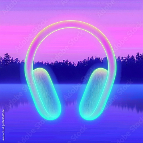 Bright neon headphones hovering above misty lake at dawn with tranquil reflections and colorful skies photo