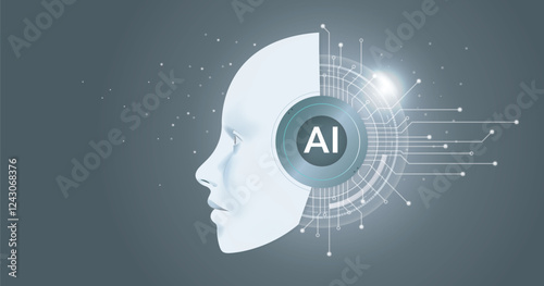 Electronic brain and Concept of artificial intelligence, AI Digital brain and Human head outline, machine learning, neural network, on a grey background.