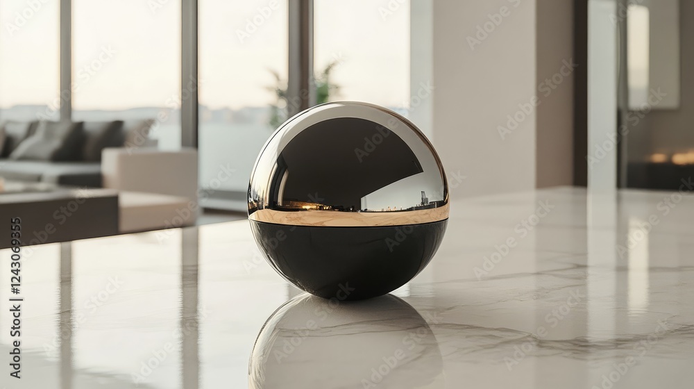 A shiny black and gold sphere resting on a high-end marble surface, luxury and elegance. A shiny black and gold sphere resting on a high-end marble surface, luxury and elegance.