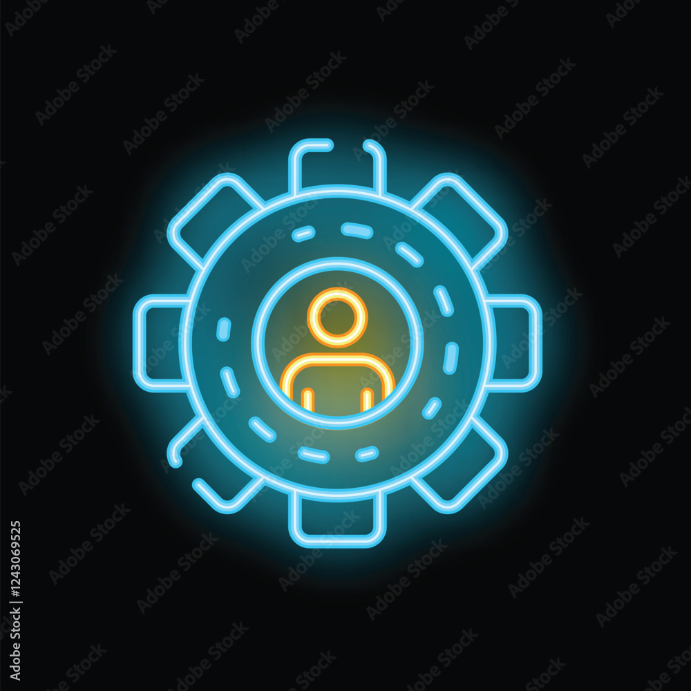 Glowing neon icon of person inside gear representing importance of human resources in business and employment Glowing neon icon of person inside gear representing importance of human resources in business and employment