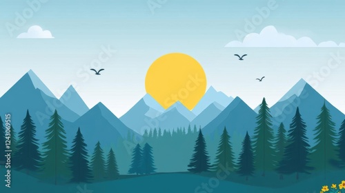 Sun Rises Over Mountain with Forest and Birds Fly Gracefully with Nature Landscape Theme