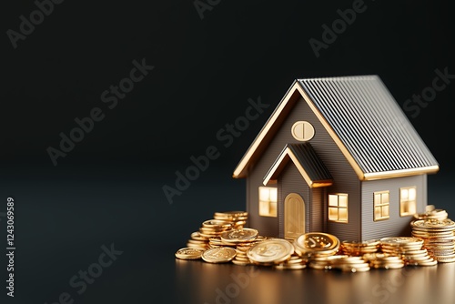 Dark Brown House Model on Gold Coins Against Black Background