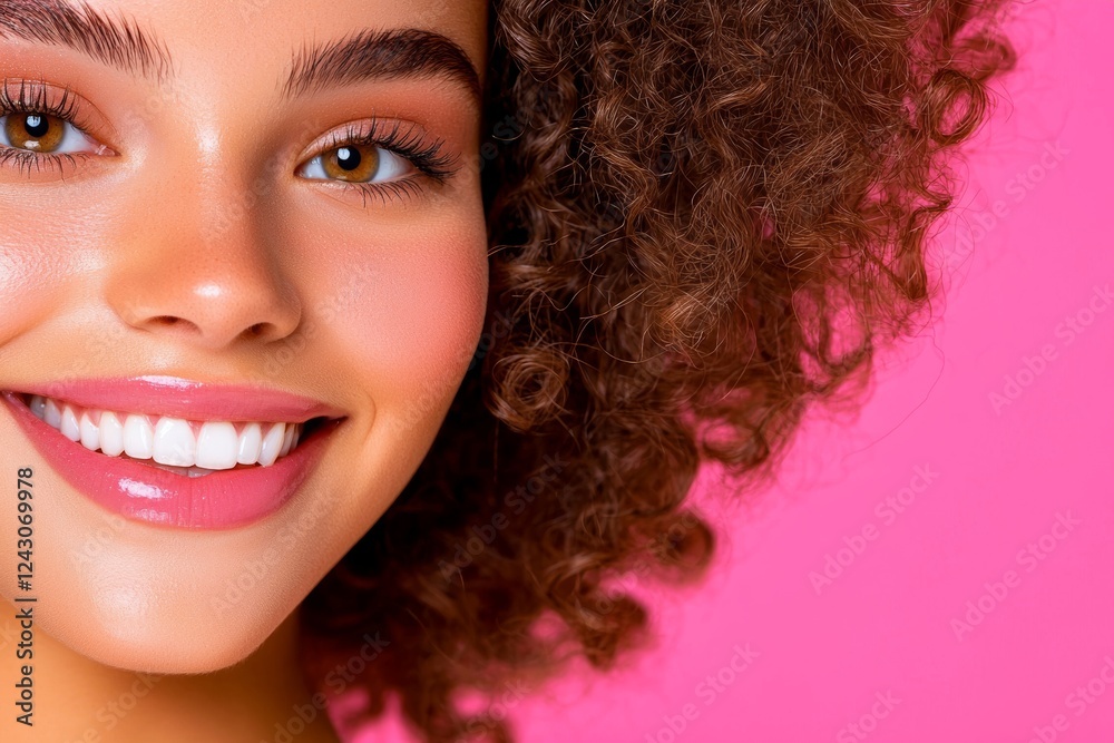 A close-up of a smiling person with curly hair against a vibrant pink background, showcasing radiant skin and bright eyes. A close-up of a smiling person with curly hair against a vibrant pink background, showcasing radiant skin and bright eyes.