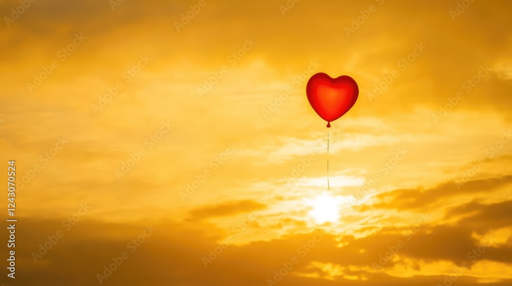 Fototapeta premium A single heart-shaped red balloon floating in the sky, symbolizing love and joy, surrounded by warm golden light.