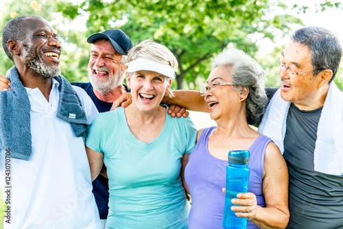 Group of healthy diverse seniors smiling outdoors, enjoying exercise in sunny day. Happy healthy senior friends, diverse ethnicity, enjoy in a park. Group of diverse healthy senior people in the park.