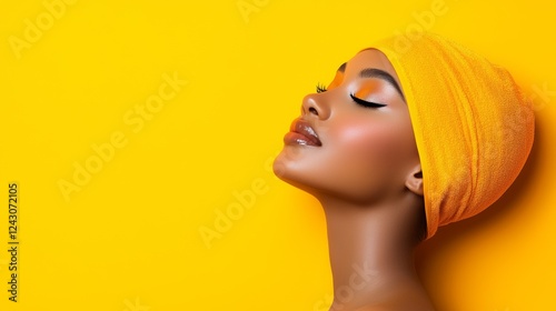 A woman with a radiant complexion poses gracefully against a vibrant yellow background, showcasing a stylish yellow headwrap and bright makeup.