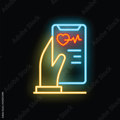 Neon sign representing a hand holding a smartphone displaying a medical app interface