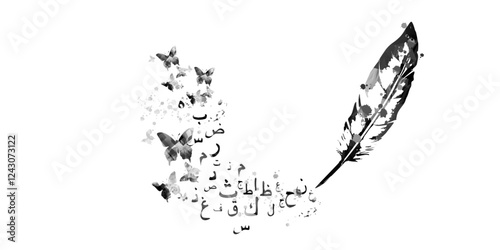 Arabic Islamic calligraphy symbols with feather vector illustration. Arabic alphabet text design. Typography background, education concept, creative writing and storytelling	