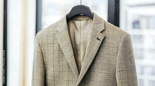 Men's casual blazer on a hanger with a white background