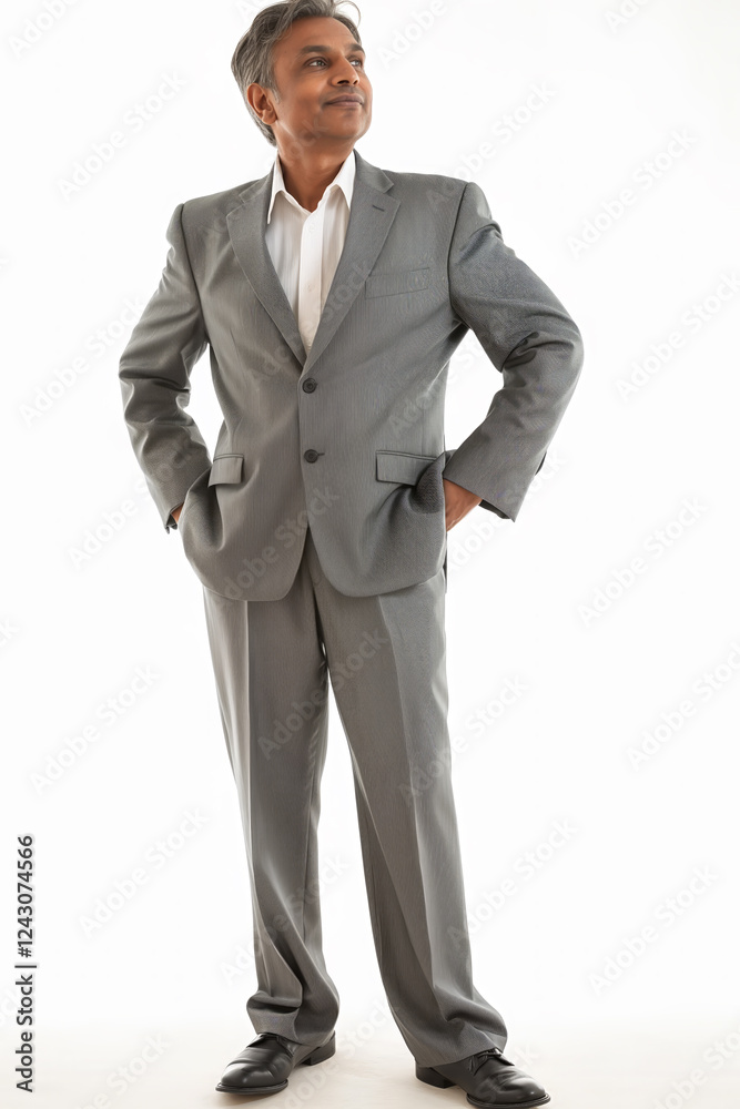 A confident Indian businessman over 50, smiling while looking down, standing with hands on hips against a white background