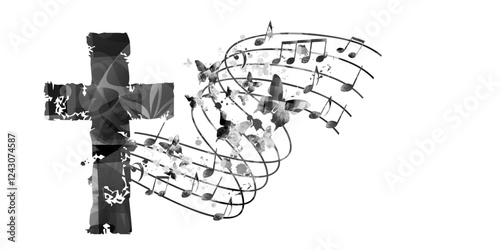 Christian cross with music notes isolated vector illustration. Religion themed background. Design for gospel church music, concert, festival, choir singing, Christianity, prayer	