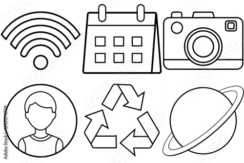 Collection of vector icons: Wi-Fi, calendar, camera, user, recycling, Saturn, saving copies.