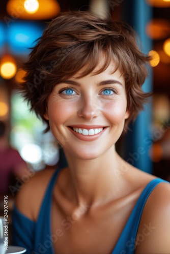 smiling woman with blue eyes and a blue dress holding a glass of wine