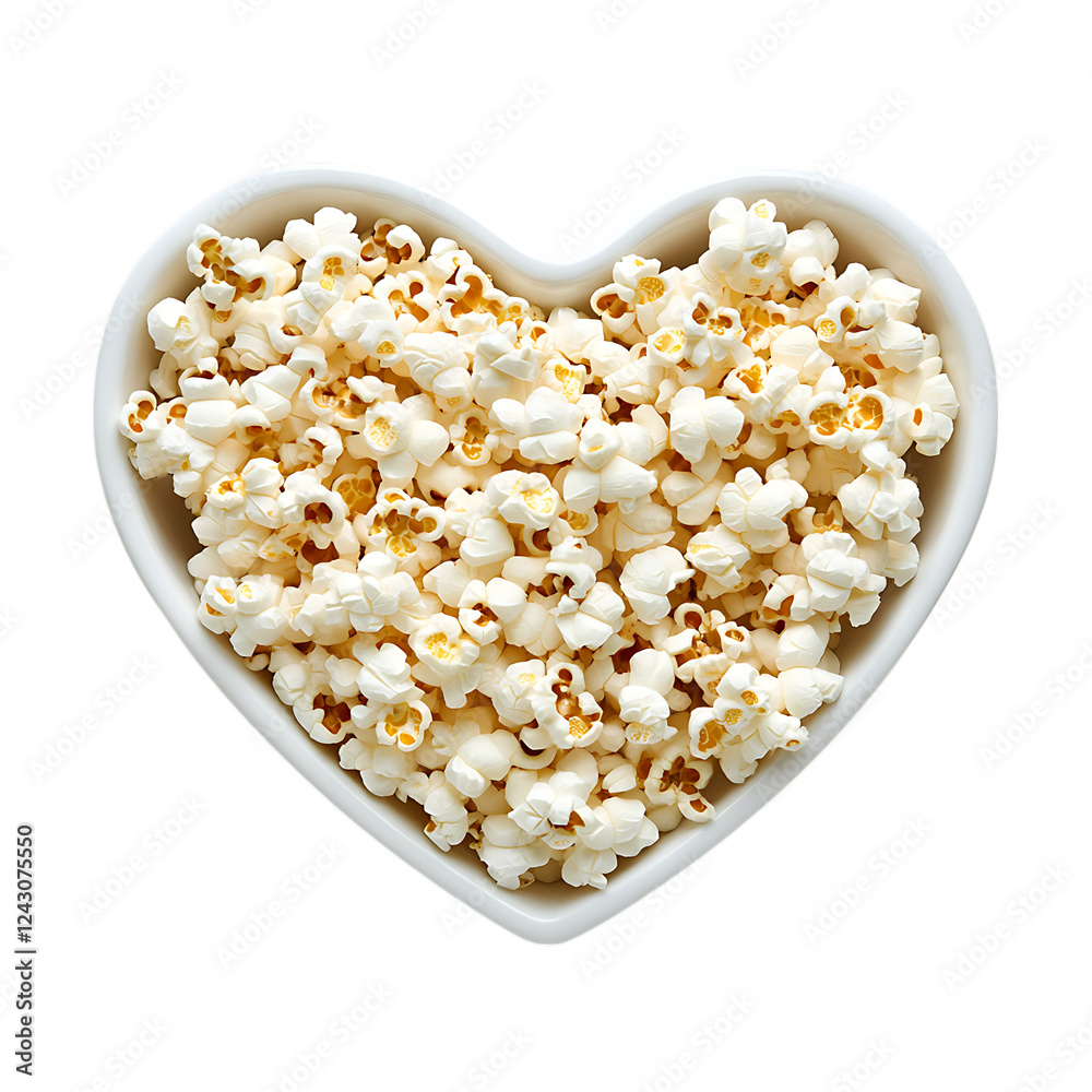 Fresh popcorn in a white heart-shaped bowl with fluffy texture, isolated on white background Fresh popcorn in a white heart-shaped bowl with fluffy texture, isolated on white background
