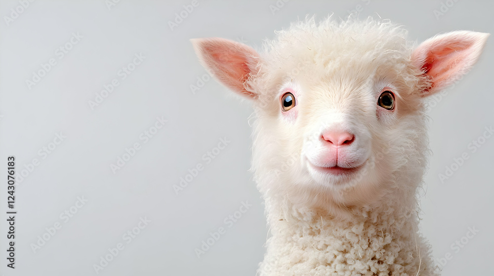 Fototapeta premium Cute lamb portrait, studio shot, gray background, farm animal