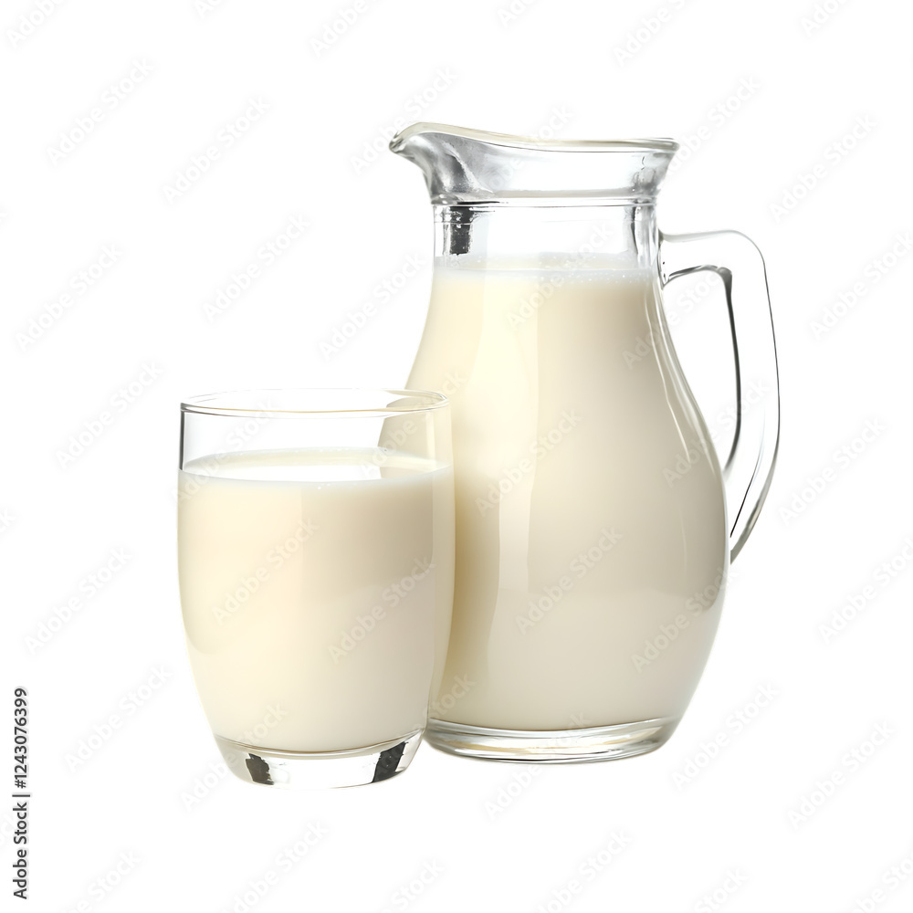 Jug and a glass of milk with a smooth, creamy texture, isolated on white background Jug and a glass of milk with a smooth, creamy texture, isolated on white background