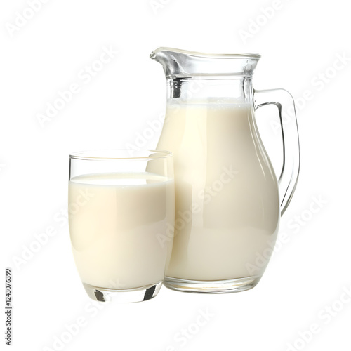 Jug and a glass of milk with a smooth, creamy texture, isolated on white background