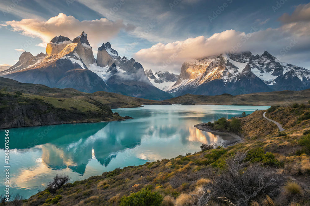 Naklejka premium Majestic Mountain Landscape with Reflective Water and Lush Greenery