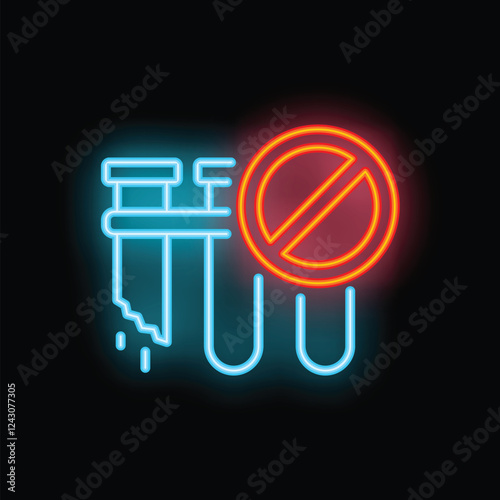 Neon sign illustrating prohibition sign on leaking pipes, serving as a warning against water damage and emphasizing the importance of timely plumbing repairs