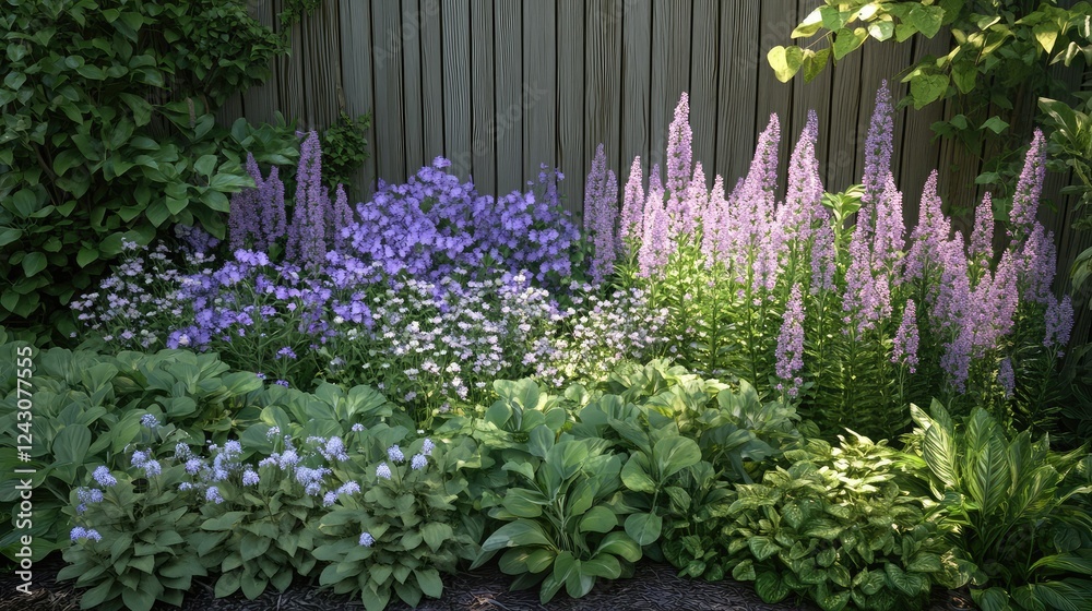 Obraz premium A vibrant patch of perennial plants in a lush garden setting with a blank background ideal for customization.