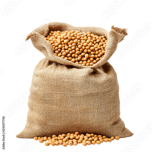 Soybeans pouring from a sack bag with a natural texture, isolated on white background