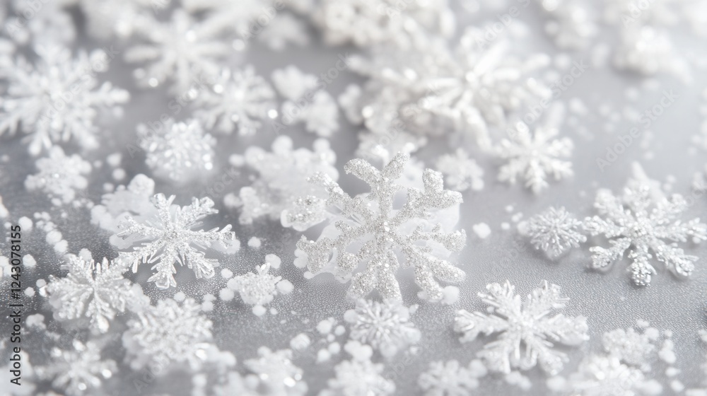Delicate snowflakes in white and silver against a soft grey backdrop, perfect for winter-themed designs and seasonal decorations.