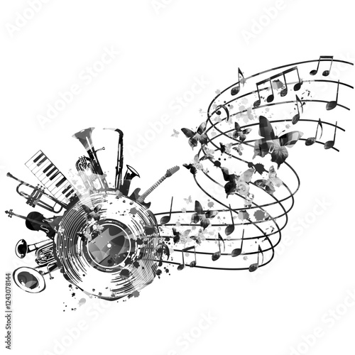 Music background with black music instruments and vinyl record disc vector illustration. Music festival poster with double bell euphonium, violoncello, trumpet, piano, euphonium, sax and guitar	