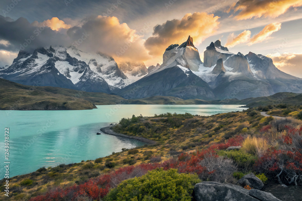 Obraz premium Majestic Mountain Landscape with Reflective Water and Lush Greenery