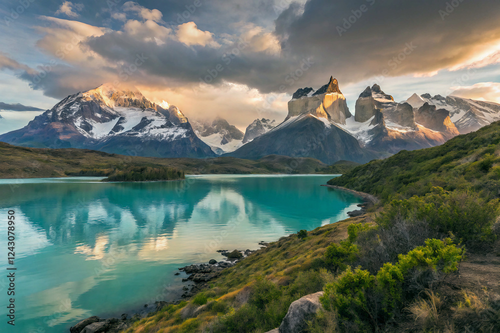 Naklejka premium Majestic Mountain Landscape with Reflective Water and Lush Greenery