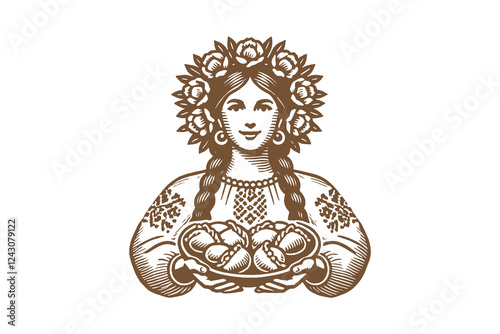 Ukrainian woman in wreath with dumplings plate, vector emblem