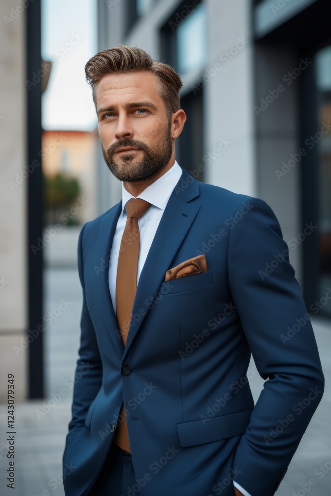 arafed man in a blue suit and brown tie standing outside arafed man in a blue suit and brown tie standing outside