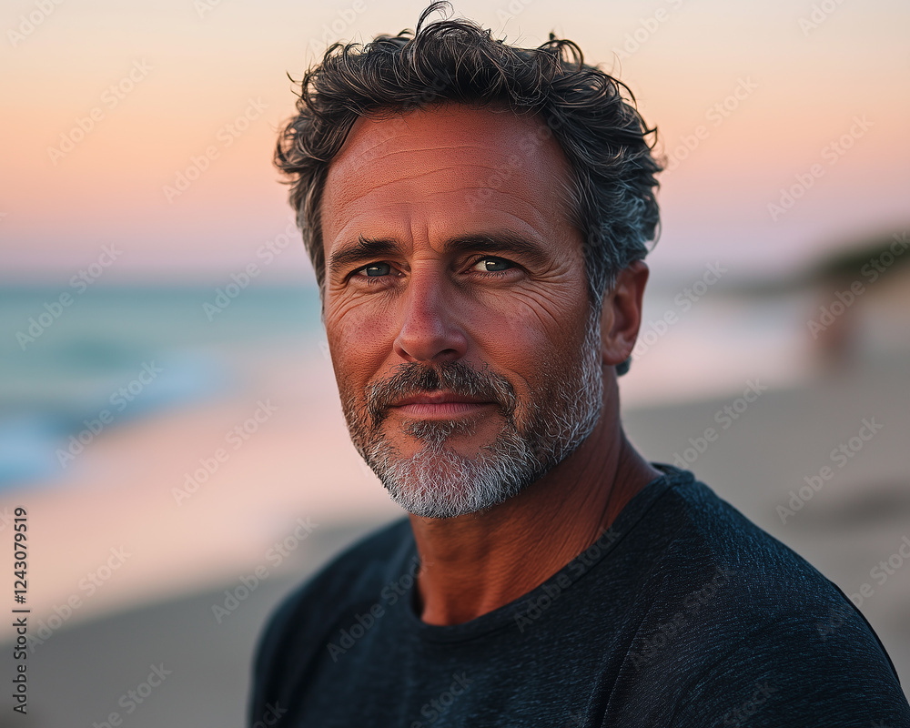 charismatic middle-aged man with a salt-and-pepper beard and stylish round sunglasses poses against a serene ocean backdrop. charismatic middle-aged man with a salt-and-pepper beard and stylish round sunglasses poses against a serene ocean backdrop.