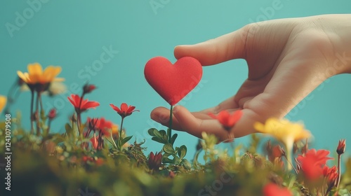 A hand placing a red heart amidst colorful flowers against a soft background. photo