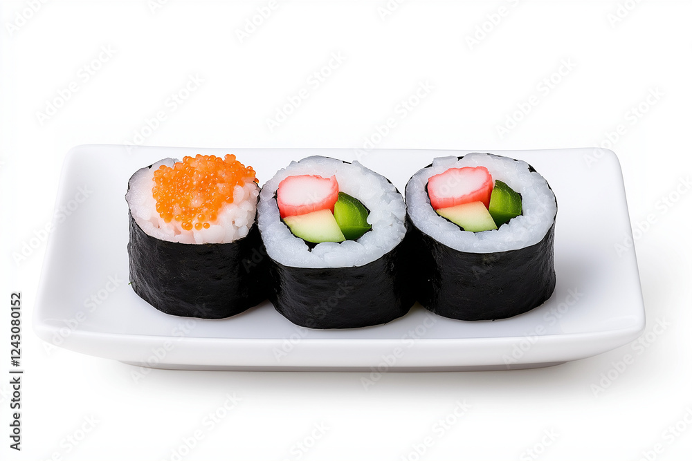 Sushi rolls on a plate, isolated on white background Sushi rolls on a plate, isolated on white background