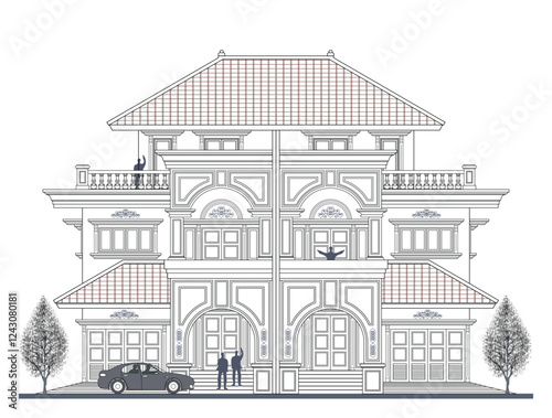 Facade of 3 storey twin asymmetrical colonial house style with 3 doors, 4 columns, windows, garage, crown, balustrade, frames, stairs, canopy, trapezoidal roof and its elements design.