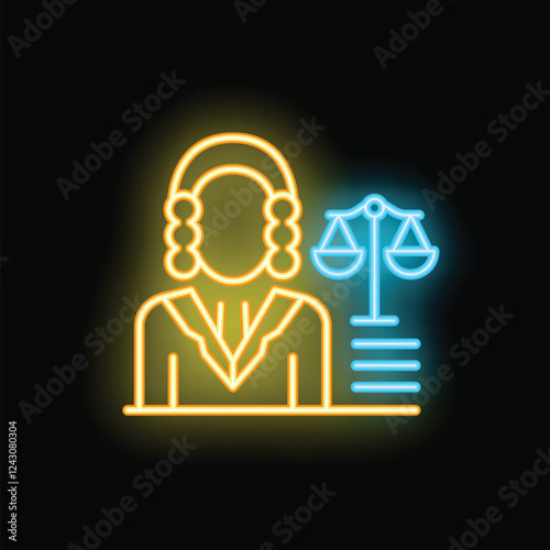 Glowing neon line icon of a judge wearing a traditional wig, holding scales, symbolizing justice and law