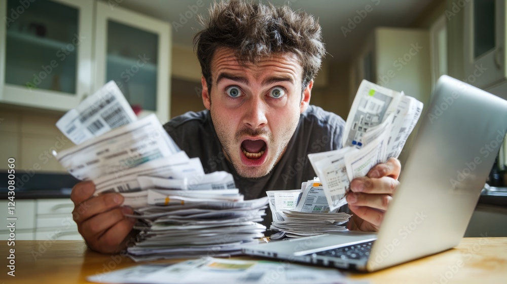 A man overwhelmed by receipts and bills at his laptop, expressing frustration.