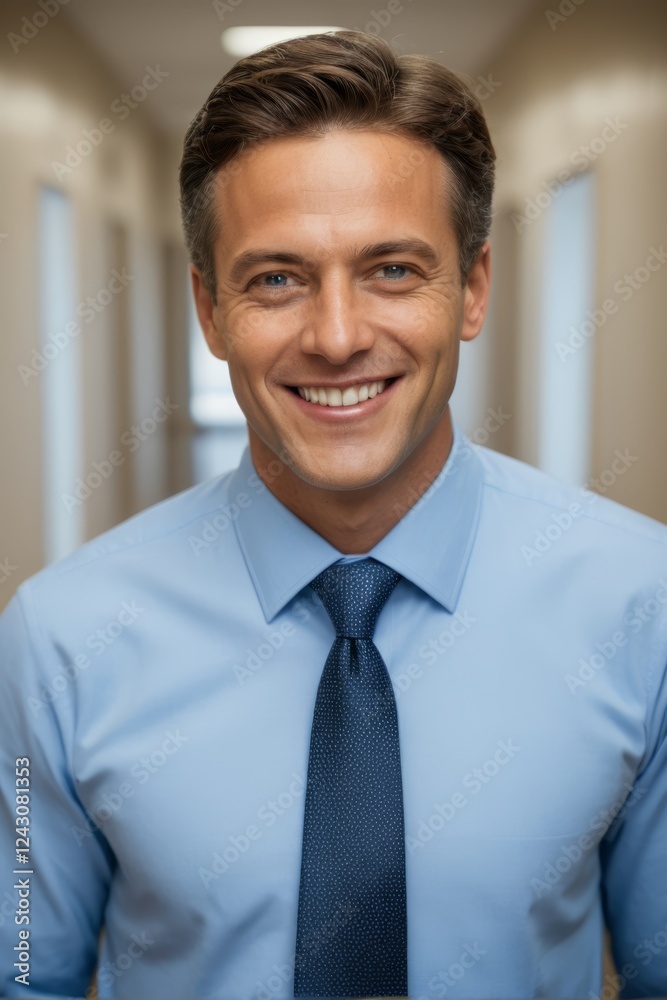 smiling man in blue shirt and tie in hallway with light blue walls smiling man in blue shirt and tie in hallway with light blue walls
