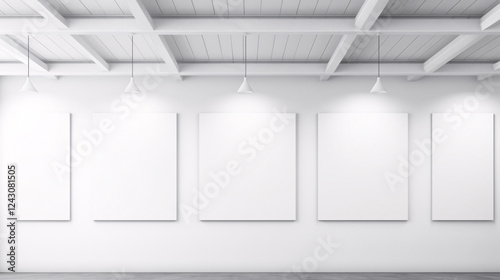 A fine art gallery with blank white canvas frames, perfect for technology-themed backgrounds and presentations.



