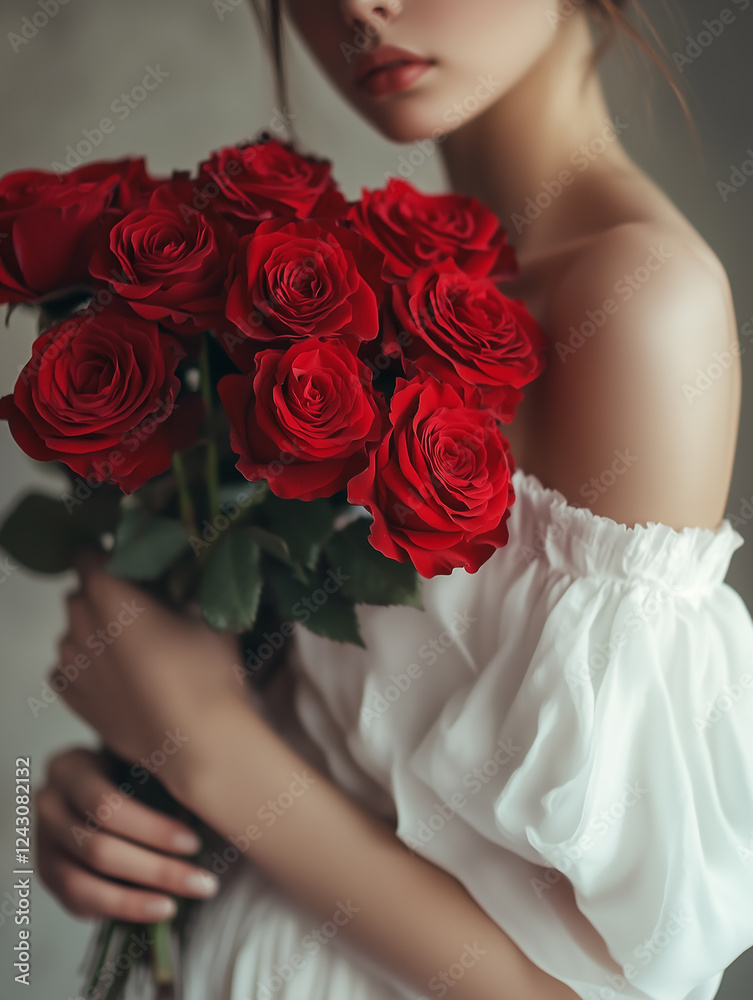 Naklejka premium Woman holding red roses for valentine's day concept. Generative Ai