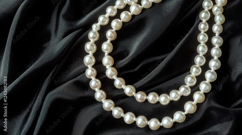 Elegant pearl necklaces draped on a luxurious black fabric backdrop. Elegant pearl necklaces draped on a luxurious black fabric backdrop.