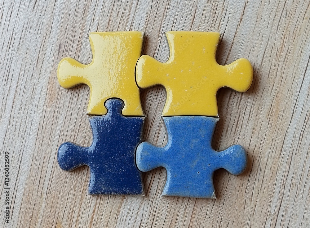 Fototapeta premium 4 yellow and blue puzzle pieces on light wooden background, stock photo,
