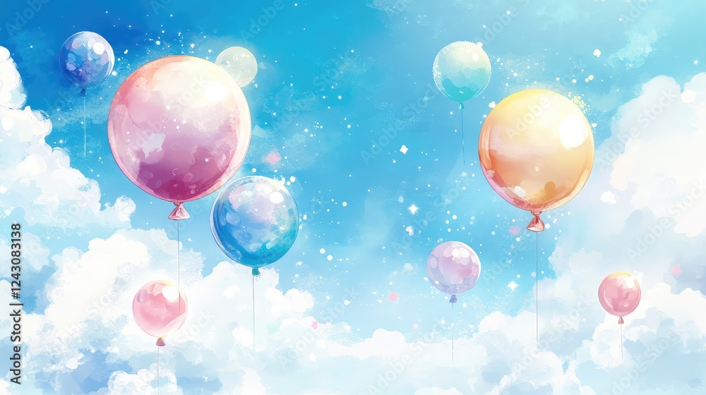 Helium balloons in soft pastel shades floating in a bright sunlit sky, peaceful and dreamy celebration scene. Helium balloons in soft pastel shades floating in a bright sunlit sky, peaceful and dreamy celebration scene.
