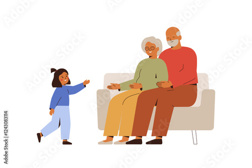Grandparents take a time with his grandaughter at home. Babysitting and childcare. Girl and senior couple have fun together and playing while relaxing resting on sofa. Vector illustration