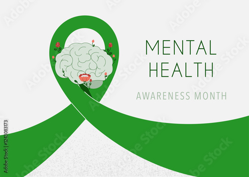 Mental health awareness month banner with green ribbon and human brain in bloom. Positive mindset, prevention of good cognitive and psychological condition. Vector illustration