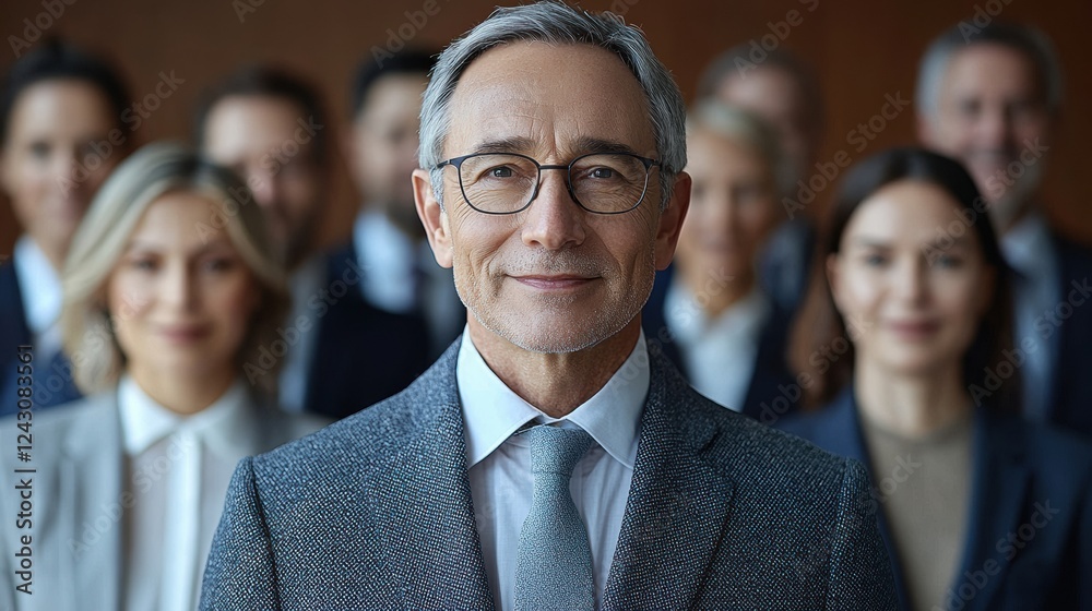 Confident business leader with diverse team in background Confident business leader with diverse team in background